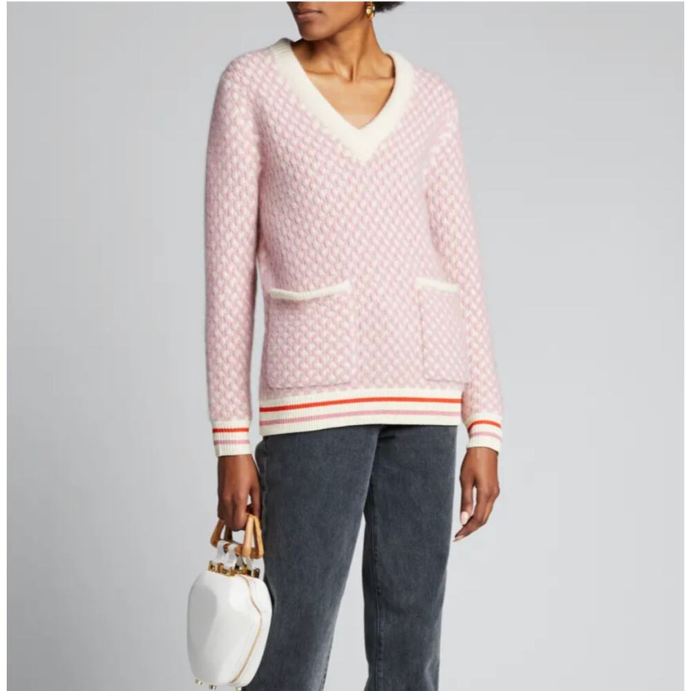 KULE Pink Shelby Patch Pocket Cashmere Sweater Small Ivory Stripe Knit Pullover